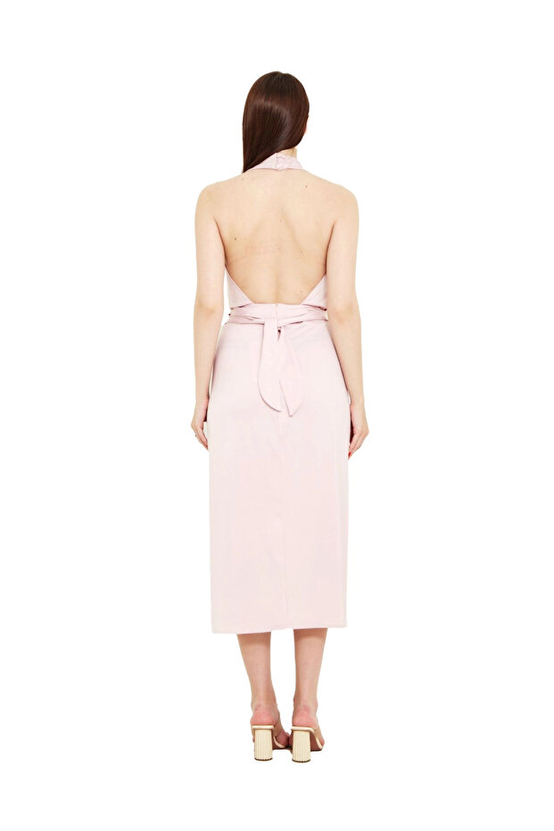 Modatalika Boyundan Bağlamalı Önü Yırtmaçlı Midi Boy Elbise - 2