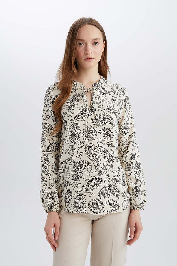 Regular Fit Bağcıklı Yaka Desenli Uzun Kollu Bluz N1809az25sp - 3