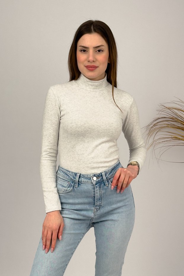 Women's Plush Long Sleeve Half Turtleneck Bodysuit Soft White 1 Piece