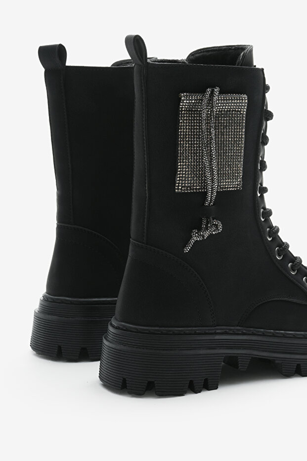 Női fekete matt termotalp kővel az oldalán, fűzős és cipzáras csizma - 5