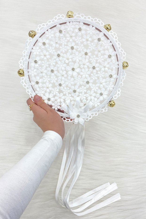White Floral Shiny Stone Bridal Tambourine, Wedding Henna Promise Circumcision Bachelorette Bride with Bell 25cm, 1 Piece