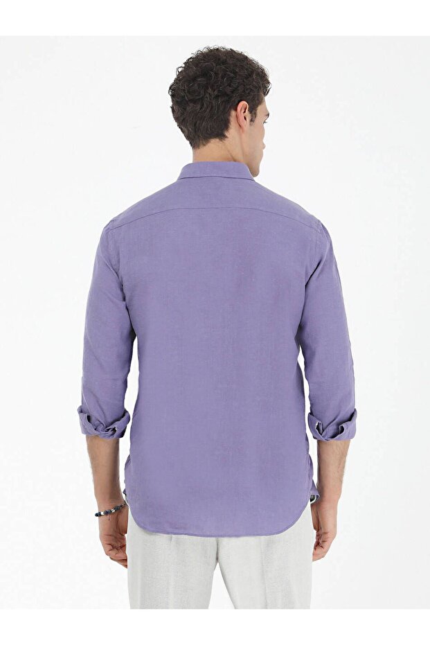 Mor Düz Regular Fit Dokuma Casual Pamuk Karışımlı Gömlek - 4