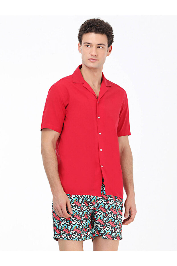 Kırmızı Desenli Regular Fit Dokuma Casual %100 Pamuk Gömlek - 2