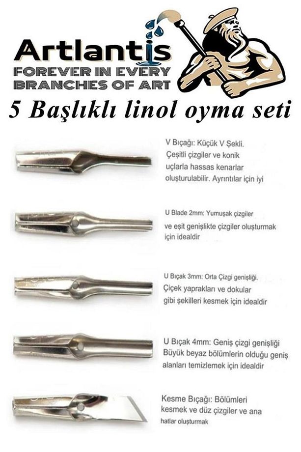 Linol Oyma Seti 7 Parça 1 Paket Linol Oyma Kesme Bıçak Seti 5 Bıçaklı Linolyum Baskı Ahşap Saplı - 3