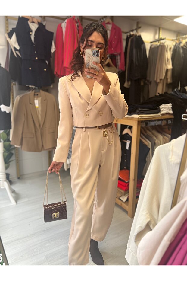 Bej crop blazer ceket - 2