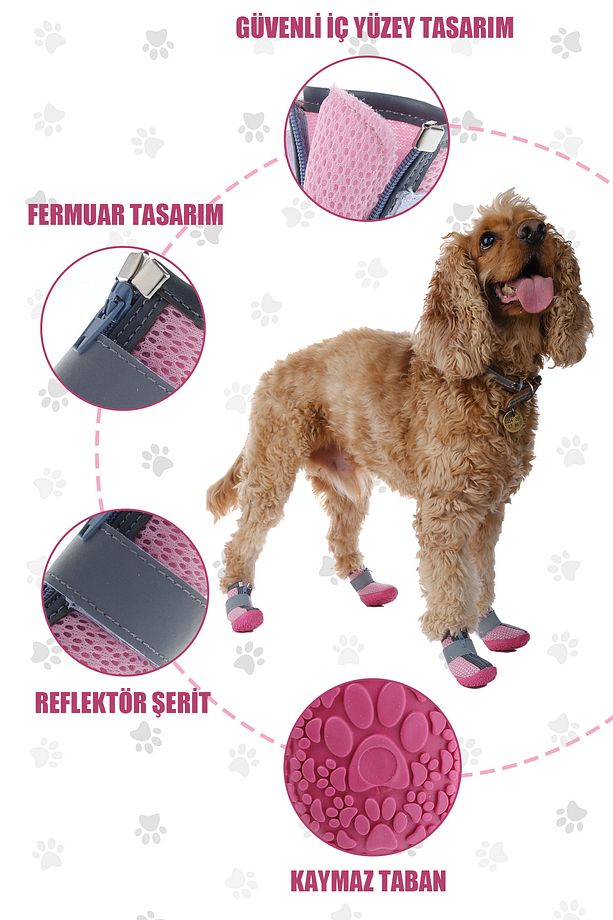 Köpek Ayakkabısı - Reflektörlü Pembe Köpek Ayakkabısı - Kaydırmaz Kauçuk Taban Köpek Ayakkabısı - 7