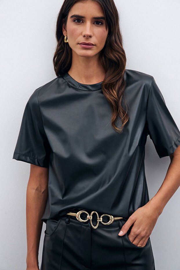 Kurzarm-Lederbluse – Schwarz - 4
