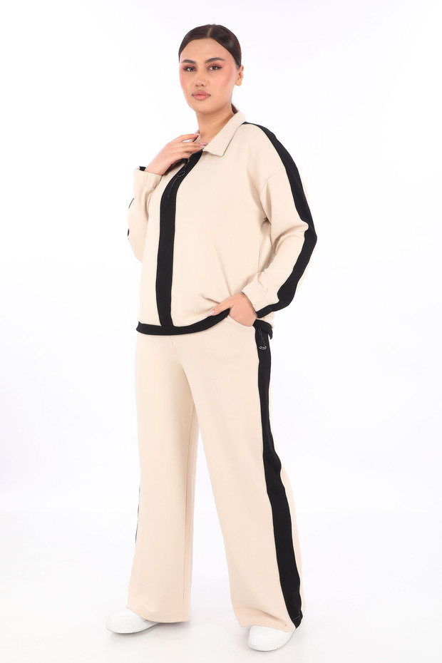 Modal Fabric Tracksuit Set with Zippered Collar Side Stripe Adjustable Elastic Waist - 3