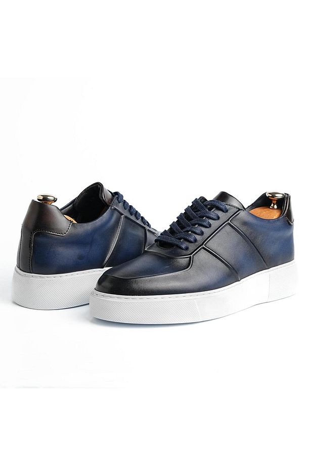 Eddy model Model Hakiki Deri El Yapımı Erkek Lacivert Sneakers Ayakkabı - 4