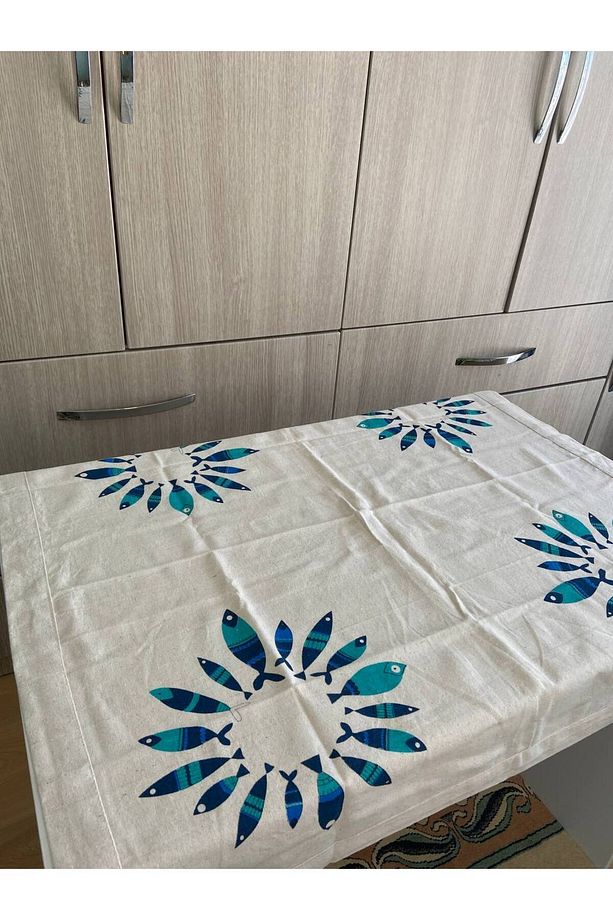 Fiskos Örtüsü El Baskı Kare Masa Örtüsü Masa Runneri Balık Desen - 1