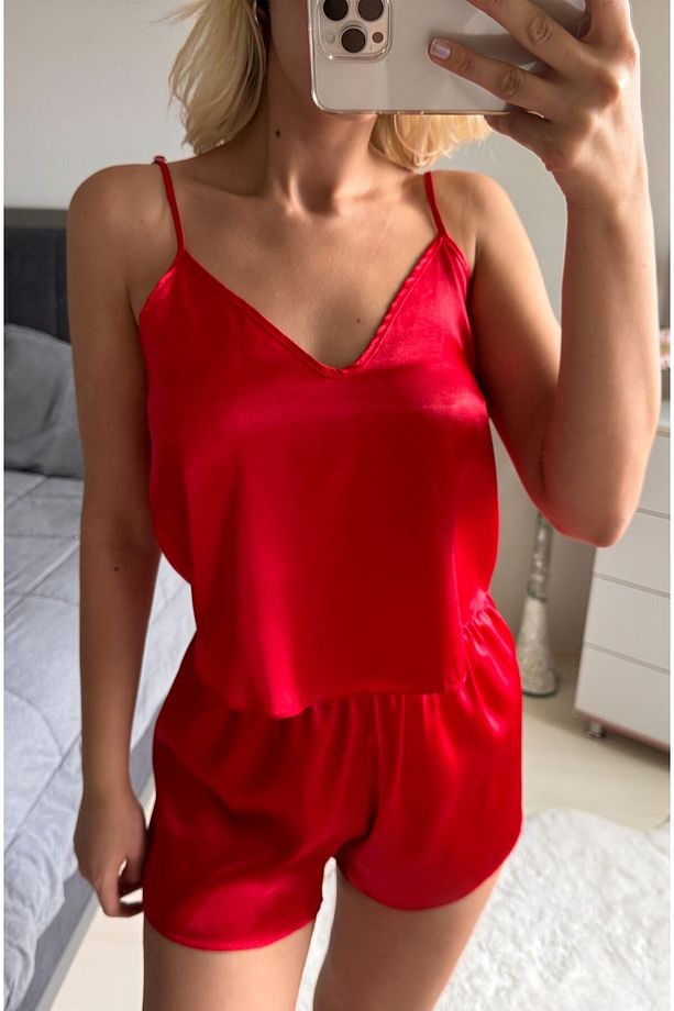 Ivorie Kırmızı Saten Şortlu Pijama Takım - 3