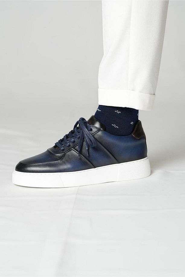 Eddy model Model Hakiki Deri El Yapımı Erkek Lacivert Sneakers Ayakkabı - 5