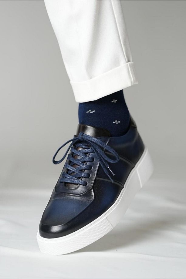 Eddy model Model Hakiki Deri El Yapımı Erkek Lacivert Sneakers Ayakkabı - 3