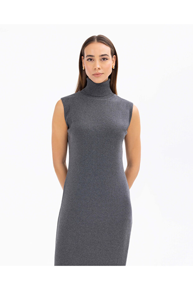 Balıkçı Yaka Kolsuz Basic Triko Elbise - 2