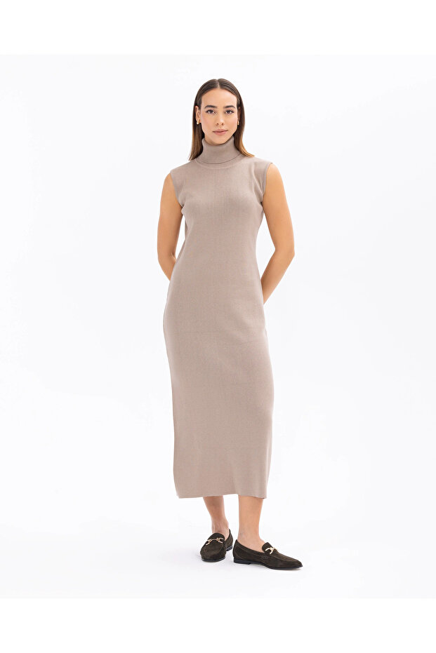 Balıkçı Yaka Kolsuz Basic Triko Elbise - 2