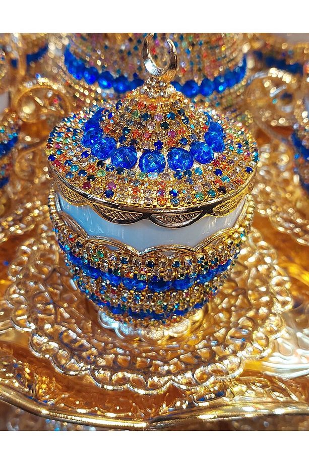 El Yapımı Mavi Taşlı Gold Neskafe Kahve Takımı ve Semaver - 9