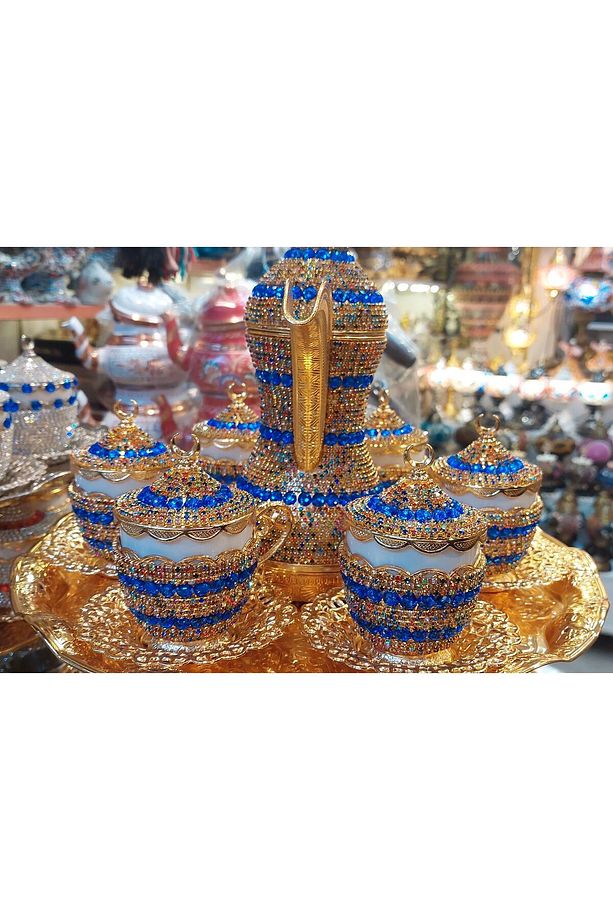 El Yapımı Mavi Taşlı Gold Neskafe Kahve Takımı ve Semaver - 7