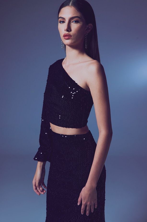 Tek Kollu Crop Bluz - SİYAH - 4