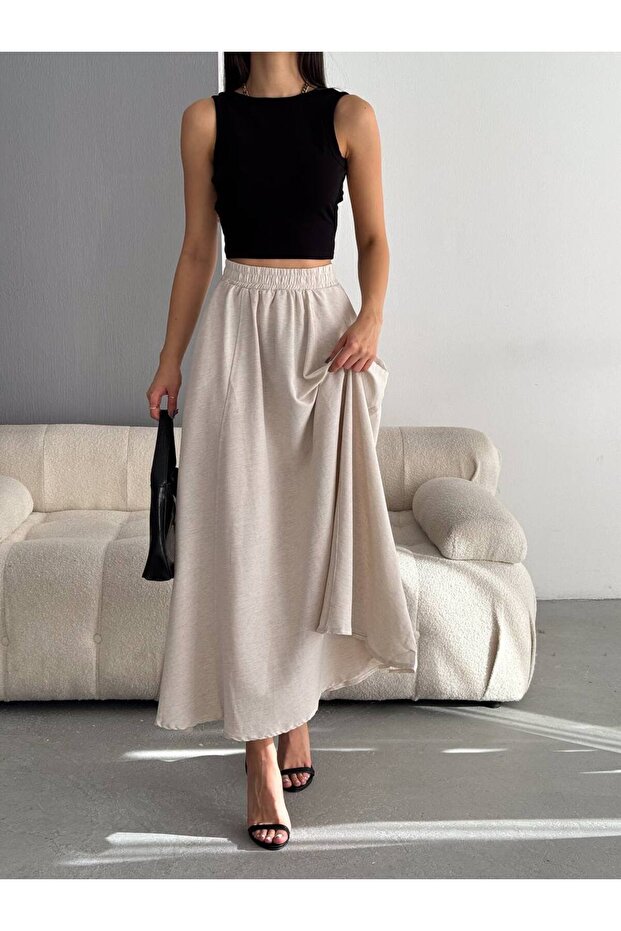 Women's Beige Linen Pocketed Skirt