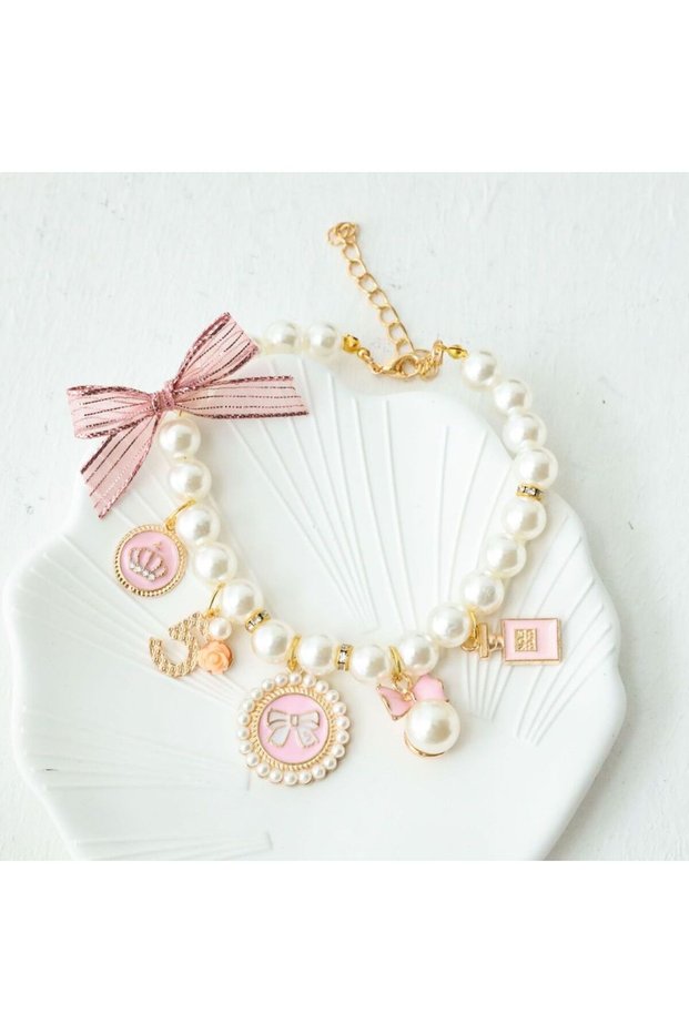 S-18-26cm Pink Pet Bow Pearl Collar Cat Jewelry Pendant Princess Necklace Dog Sweet Decorations Pupp