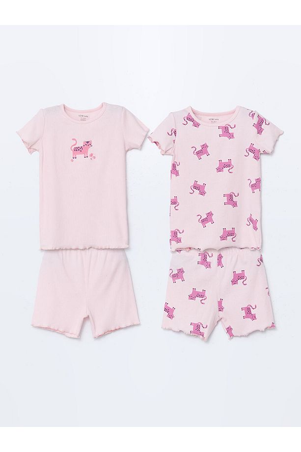 Pembe Bisiklet Yaka Kız Bebek Şortlu Pijama Takım 2'li - 1