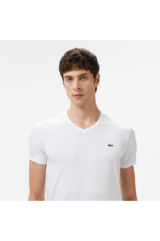 Erkek Slim Fit V Yaka Beyaz T-Shirt - 2