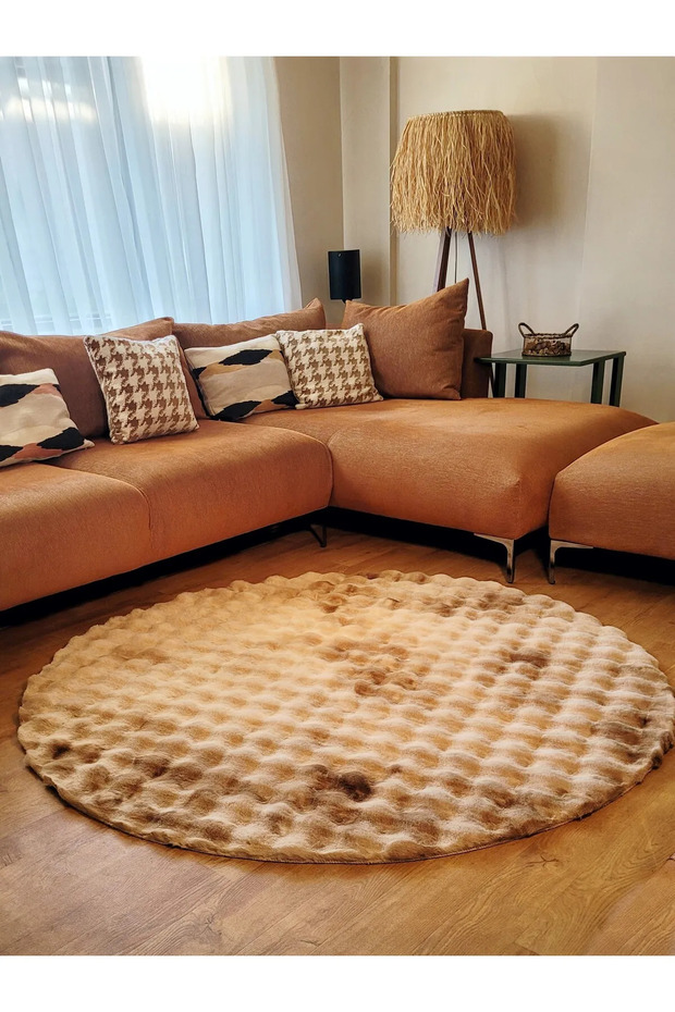 Ekstra Yumuşak Dokulu Multi Kahve Bubble Tavşan Tüyü Darcio Yuvarlak Post Peluş Halı - 1