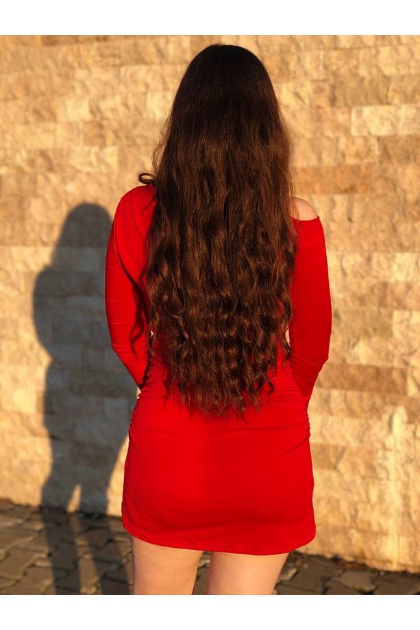 Kadın Tek Omzu Açık Büzgülü Sandy Elbise - 3