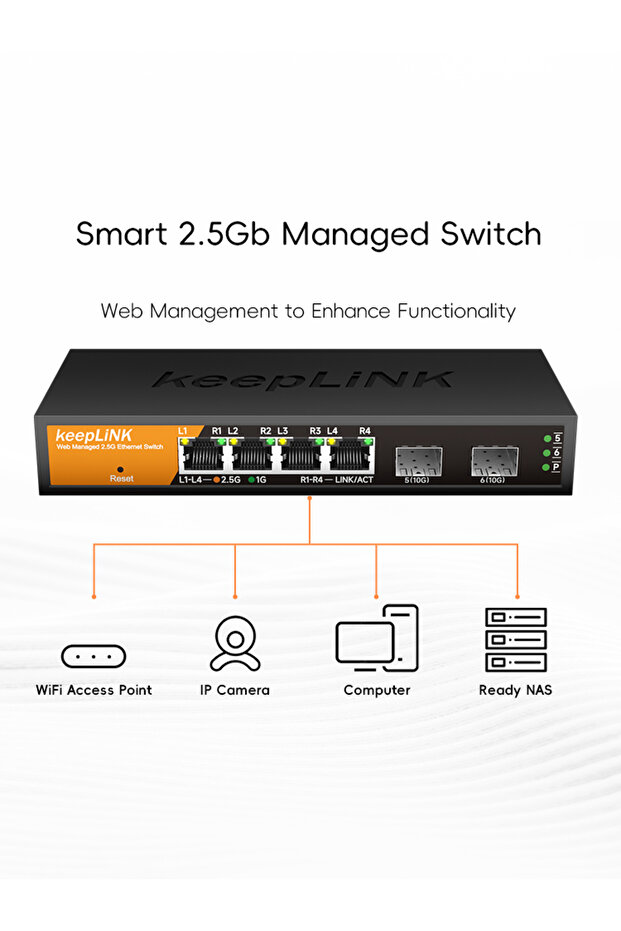 Switch with EU Plug keeplink 6-Port Multi-Gigabit Managed Switch with 4-2.5Gb RJ45 and 2-10G SFP+ - 8