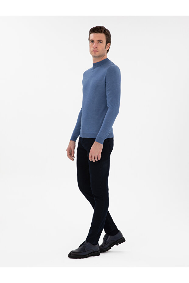 Koyu Mavi Slim Fit Yün Karışımlı Çeyrek Balıkçı Yaka Basic Triko Kazak 50296402-VR032 - 4