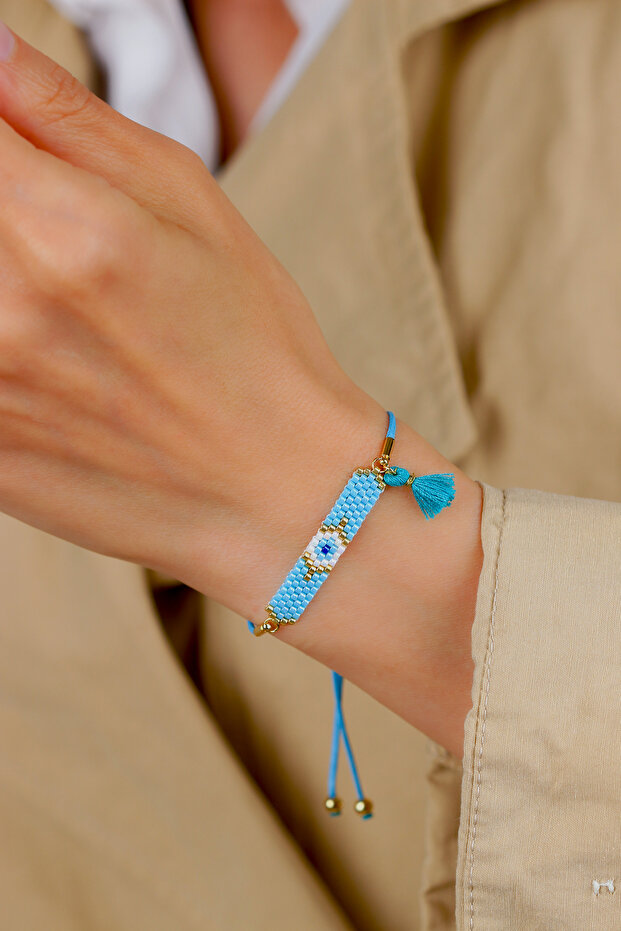 Ka-024 Miyuki Bracelet - Full Evil Eye Series with Tassels - Light Blue