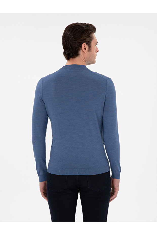 Koyu Mavi Slim Fit Yün Karışımlı Çeyrek Balıkçı Yaka Basic Triko Kazak 50296402-VR032 - 5