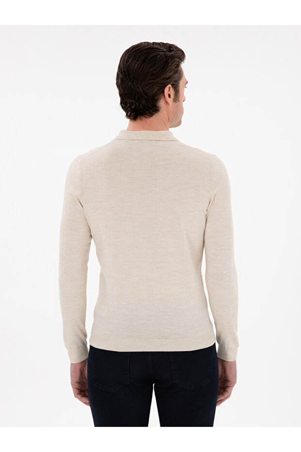 Bej Slim Fit Yün Karışımlı Polo Yaka Basic Triko Kazak 50293274-VR011 - 5