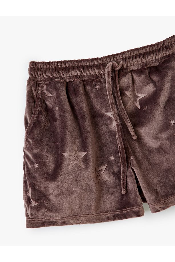 Cepli Beli Bağlamalı Yıldız Desenli Kadife Şort Pijama Altı - 3