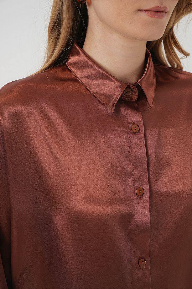 3985 Oversize Saten Gömlek - Taba - 5