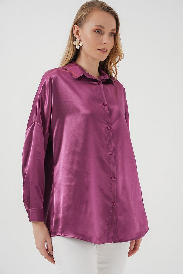 3985 Oversize Saten Gömlek - Koyu Lila - 4