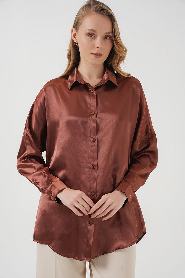 3985 Oversize Saten Gömlek - Taba - 3