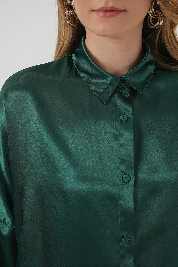 3985 Oversize Saten Gömlek - Zümrüt Yeşili - 5