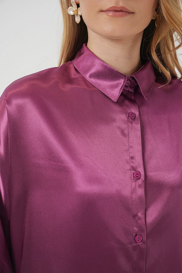 3985 Oversize Saten Gömlek - Koyu Lila - 5