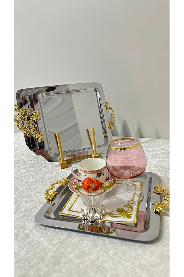 Set of 6 Gold Snap Handles Steel Square Stainless Coffee Side Presentation Service Tray