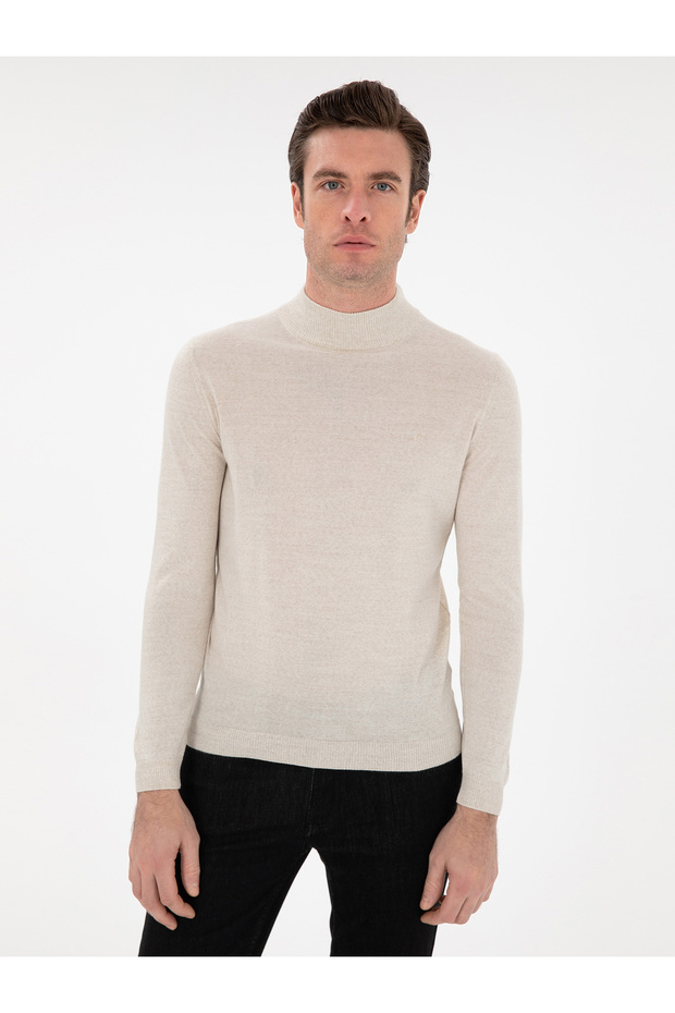 Bej Slim Fit Yün Karışımlı Yarım Balıkçı Yaka Basic Triko Kazak 50293281-VR011 - 3