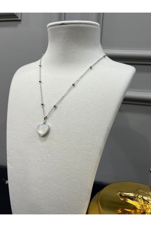 Steel White Stone Heart Earrings with Bead Chain