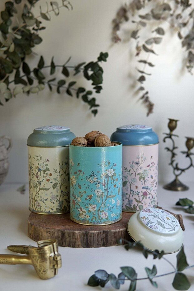Flora Patterned Set of 3 Round Metal Storage Containers, 10.5 X 15 Cm, 1.1 Lt