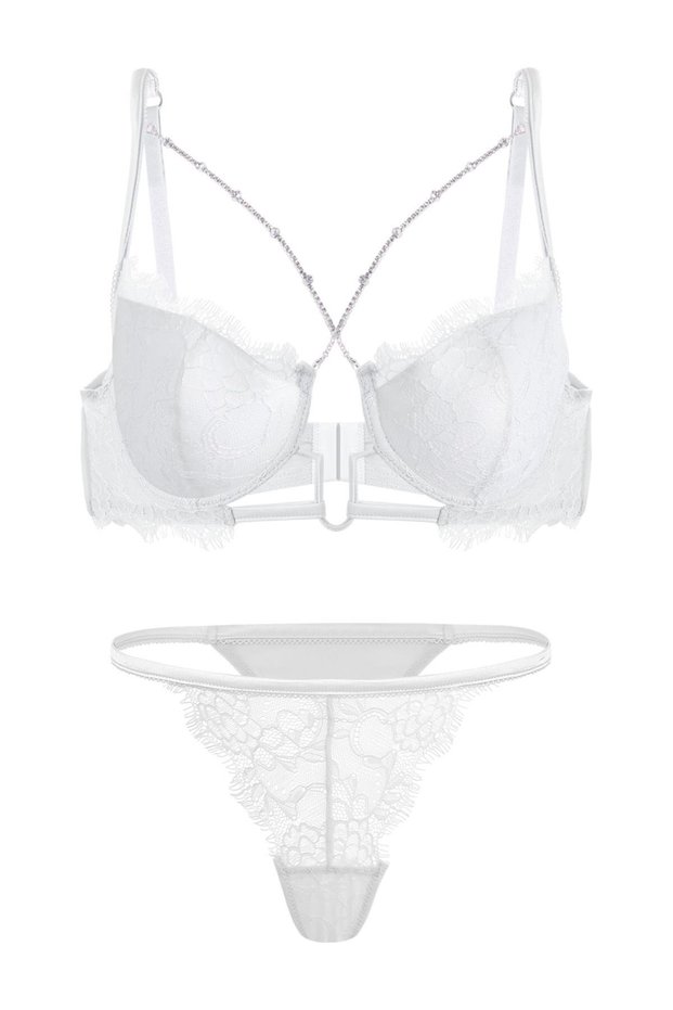 Lace Low-Cut Bra and Panty Set with Removable Accessories - Padded - Fashion - 2577 - Ecru