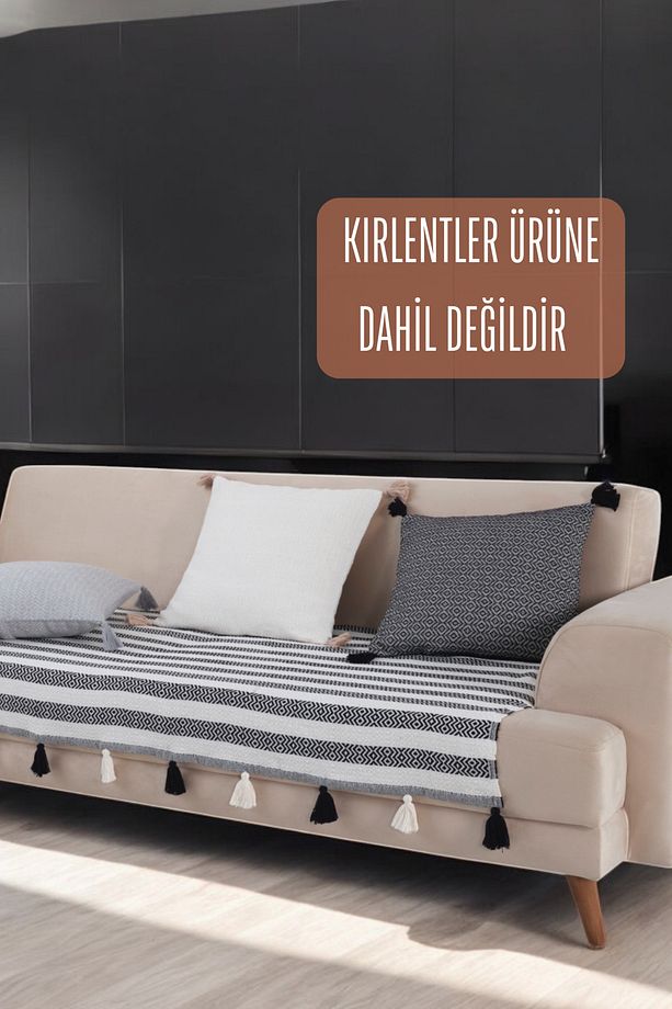 Moda Ponponlu Siyah Koltuk Örtüsü 115x 200 cm Kanepe Divan Berjer Çekyat Örtüsü Şalı Püsküllü - 2