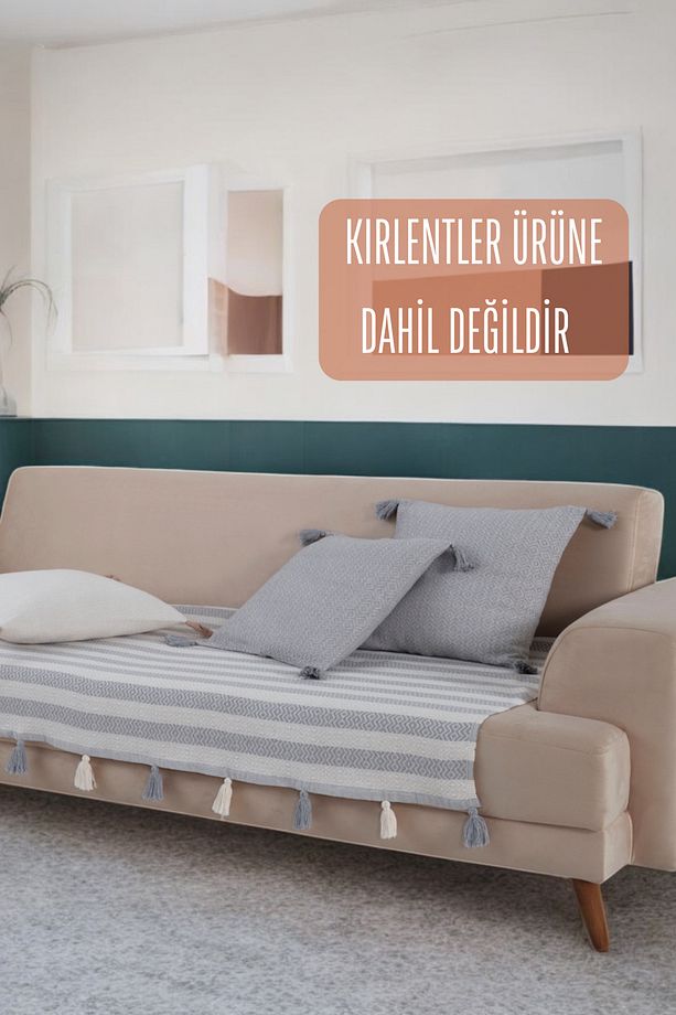 Moda Ponponlu Gri Koltuk Örtüsü 115x 200 cm Kanepe Divan Berjer Çekyat Örtüsü Şalı Püsküllü - 2