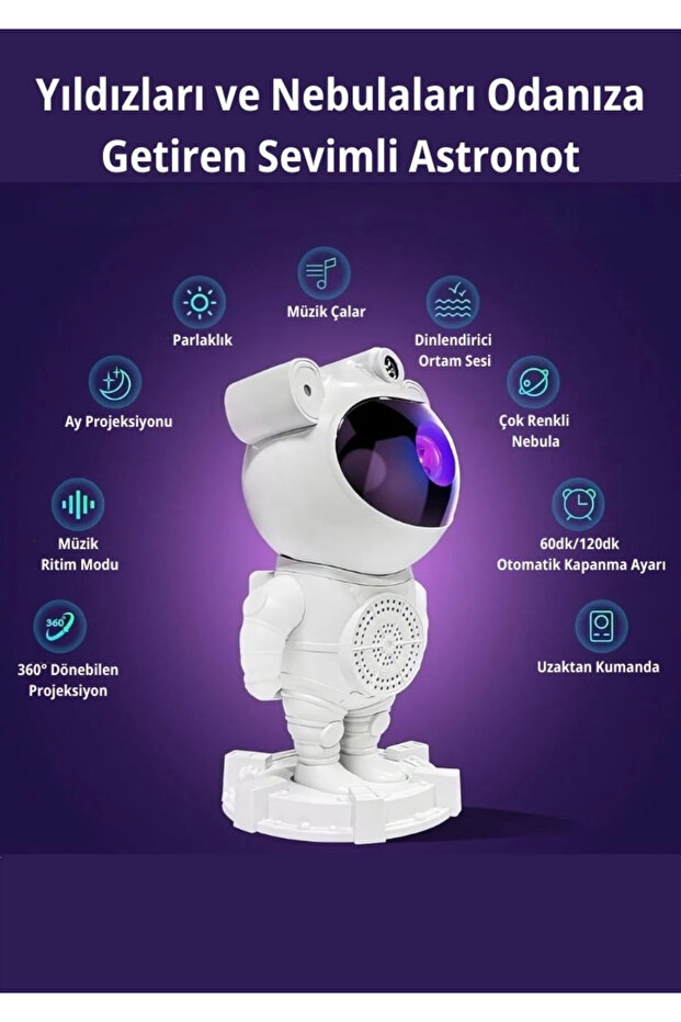 Çocuk ve Yetişkin Odası Bluetooth Astronot Gece Lambası: 360° Projeksiyon, Dinlendirici Ve Kumandalı - 4