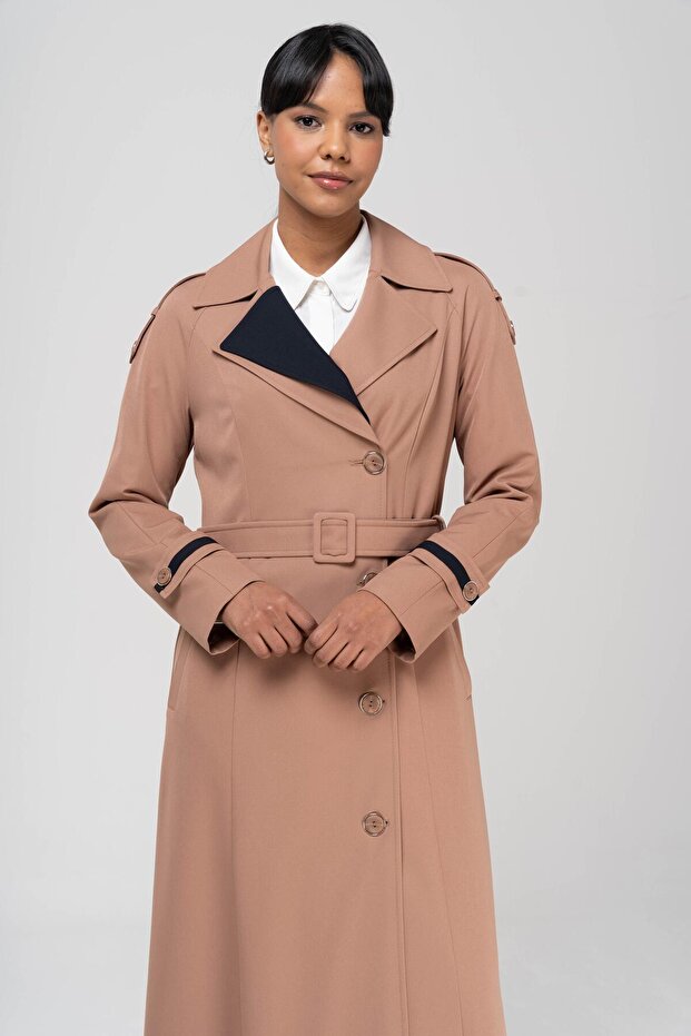 Garnished Epaulet and Double Collar Detailed Lined Top Coat CAMEL 6556