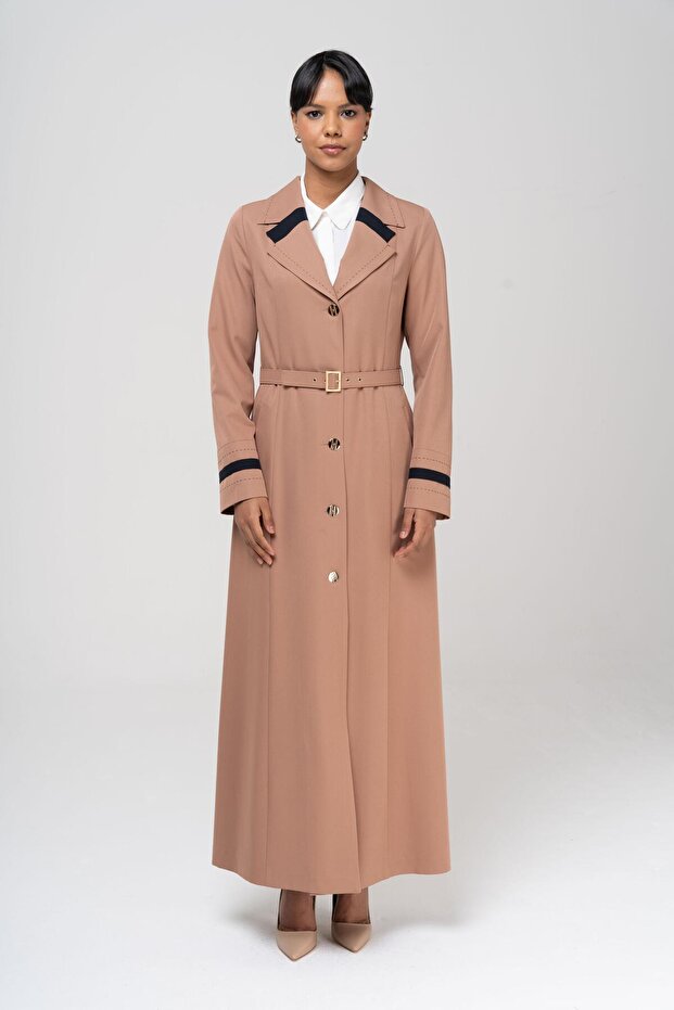 Men's Collar Point and Belt Detailed Lined Top Coat KAMEL 6552