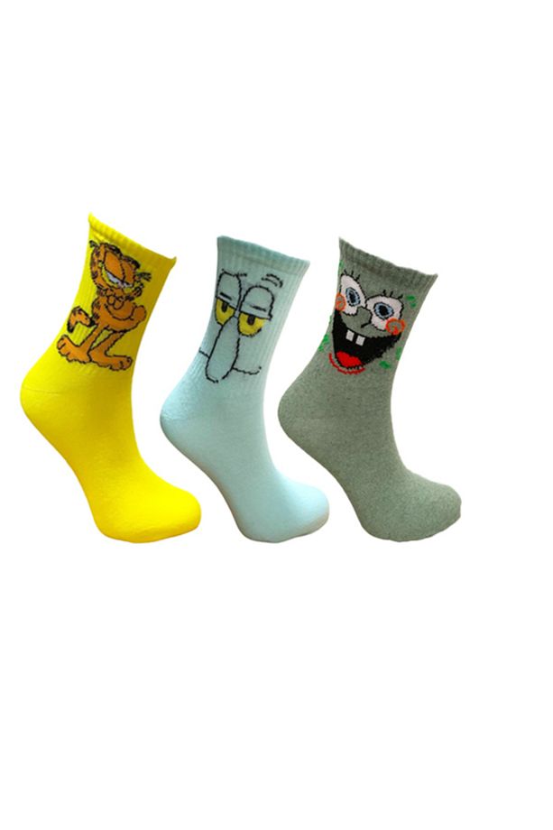 3'lü Garfield,squidward Ve Sünger Bob Desenli Kolej Set Çorap - 1